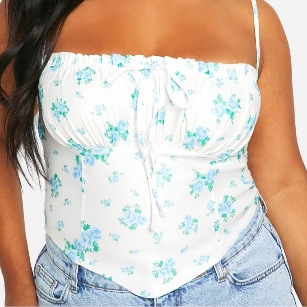 NWT Boohoo Corset Style Top - White w/ Blue Floral Sz. 16